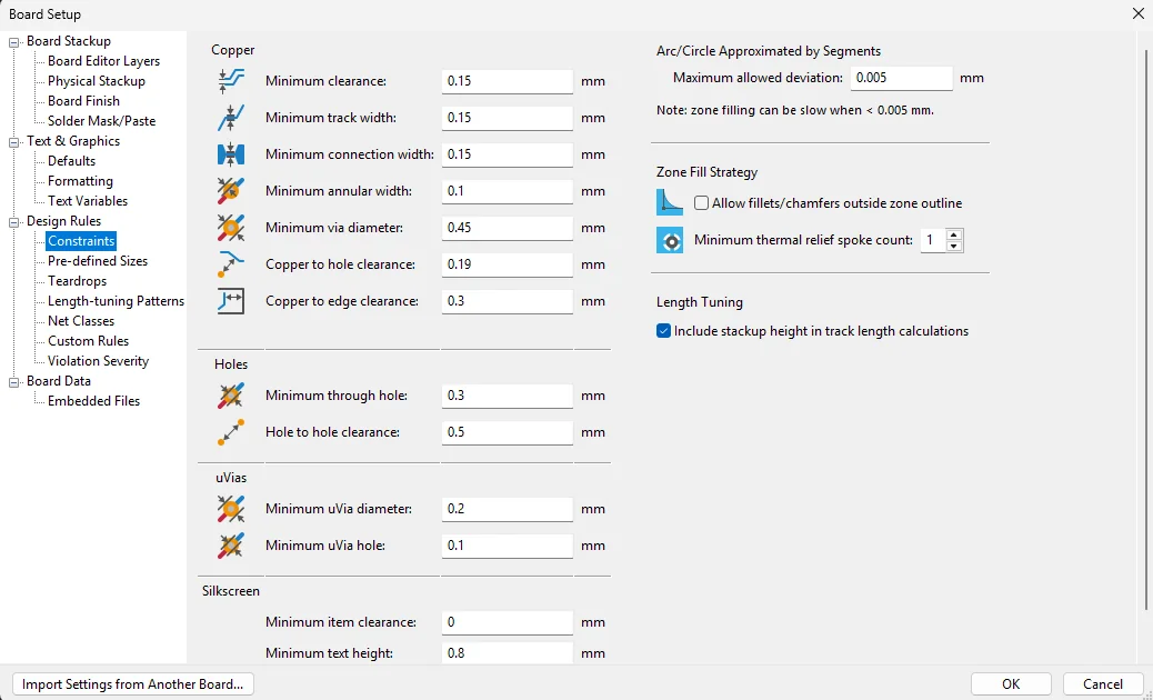 KiCad design rules — JLCPCB manufacturing constraints